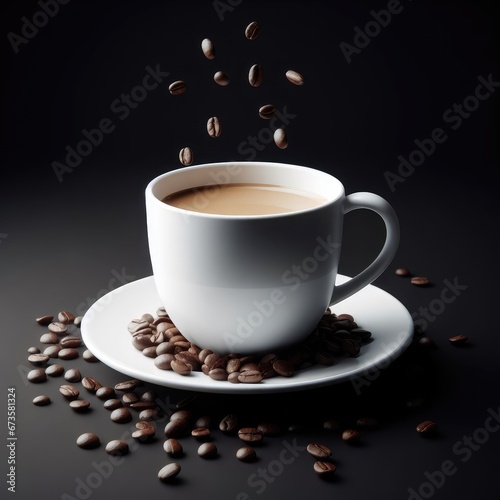 A white coffee cup on a white saucer with coffee beans falling around it on a black background
