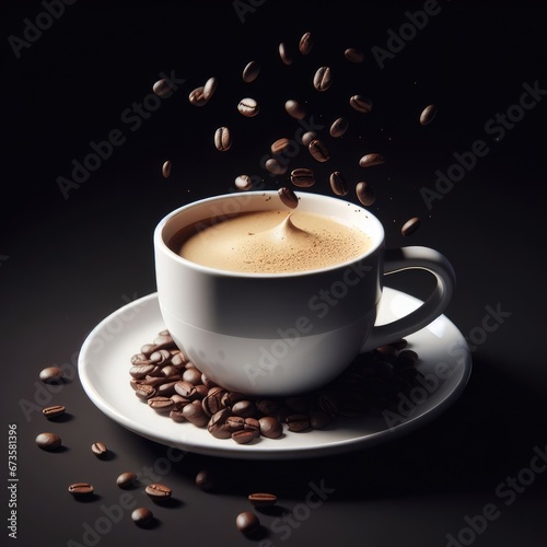 A white coffee cup on a white saucer with coffee beans falling around it on a black background