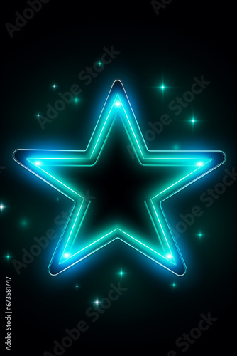 Neon cyan blauer Stern mit Lichteffekten auf dunklem Hintergrund mit Platz für Text. Hochformat. Hochkant. Generative Ai.