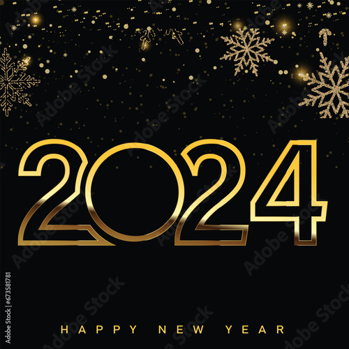 2024 Happy New Year Greeting festive golden card. Vector