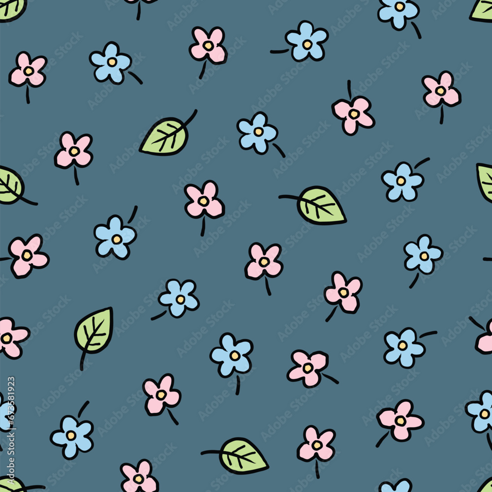 Seamless Pattern with Hand Drawn Flower and Leaf Design on Dark Blue Background Seamless Pattern with Hand Drawn Flower and Leaf Design on Dark Blue Background