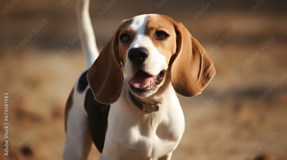 AI generated illustration of an adorable beagle standing  with a blurry background