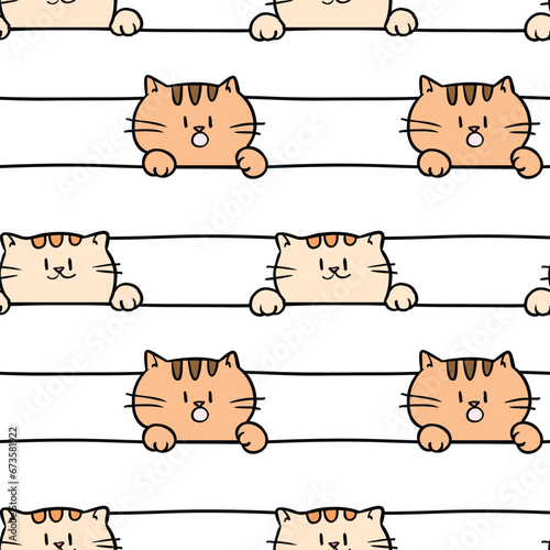 Seamless Pattern of Cartoon Cat Head and Line Design on White Background