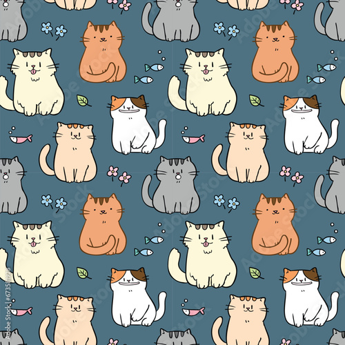 Seamless Pattern of Cute Cartoon Cat Design on Dark Blue Background