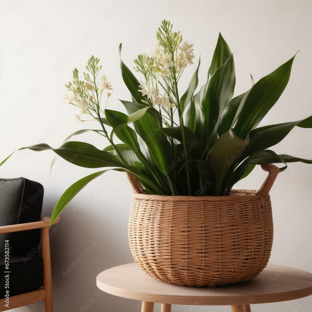 woven basket with a plant inside. The plant has long green leaves and white flowers with a yellow center