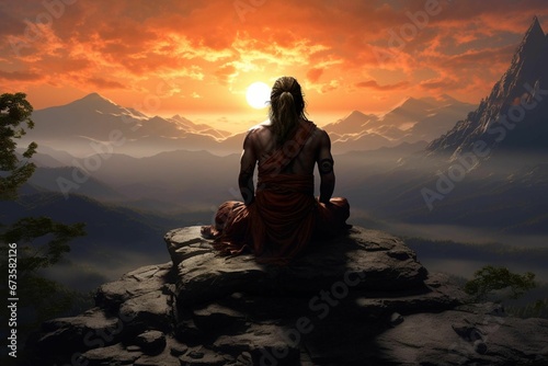 AI generated illustration of a male atop a mountain peak, taking in the stunning view of the sunset