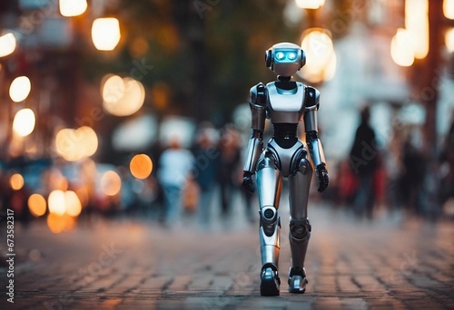 AI generated illustration of a robotic figure walking on the street