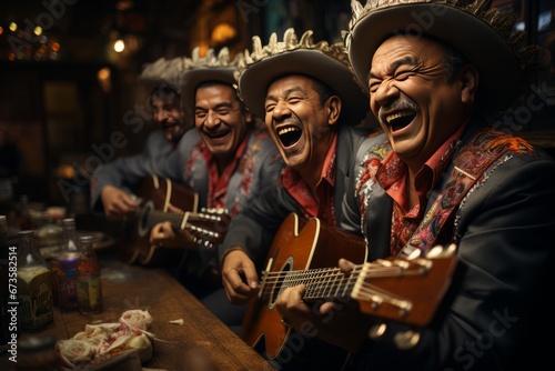Cheerful mariachi band serenading diners at a Mexican restaurant, Generative AI photo