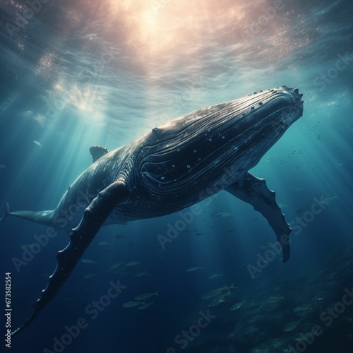 the humpback is underwater as the sun shines