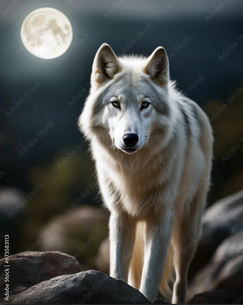 AI generated illustration of a white wolf on rocks under the moonlight