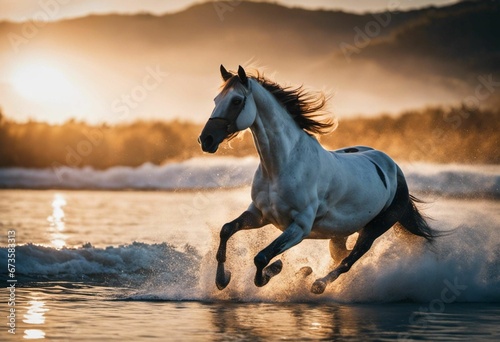Majestic horse galloping through a shallow body of water at sunset  AI-generated.