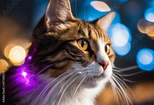 AI generated illustration of a cute cat on the backdrop of bokeh lights © Wirestock