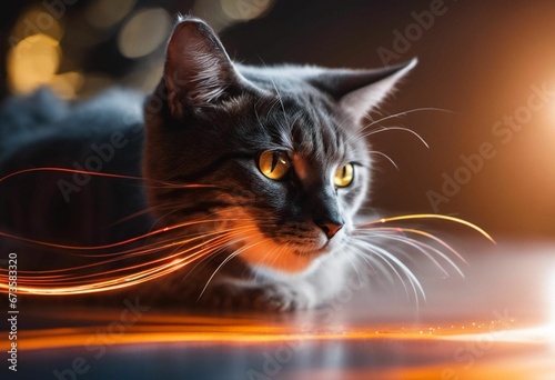 AI generated illustration of a gray cat on the floor illuminated with a warm glowing light