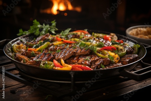 Sizzling skillet of fajitas straight from the kitchen, Generative AI