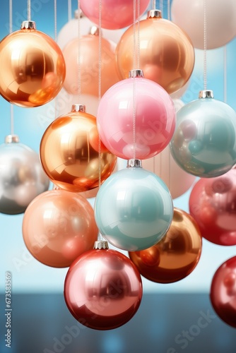 A holiday card with stylish shiny Christmas balls. Christmas decorations. 