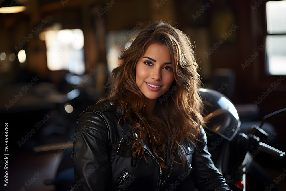 Portrait of sexy biker woman sitting with her motorcycle in the garage
