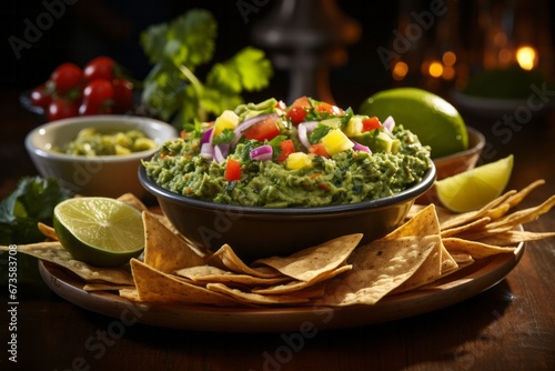 Vibrant bowl of freshly made guacamole with tortilla chips, Generative AI