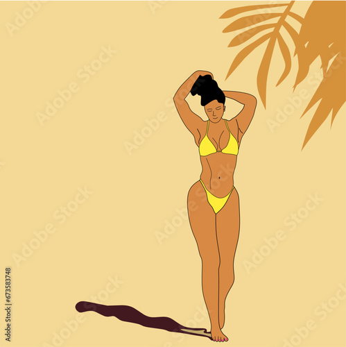 Girl in yellow bikini pose vector illustration.