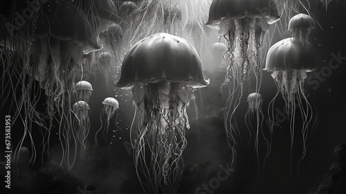 Dark, black and white image of jellyfish. 