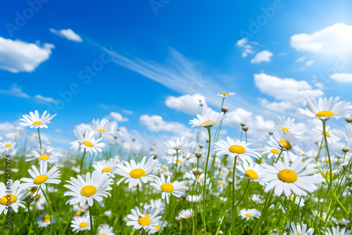 Field of camomiles at sunny day and blue cloudy sky. Spring or summer nature scene