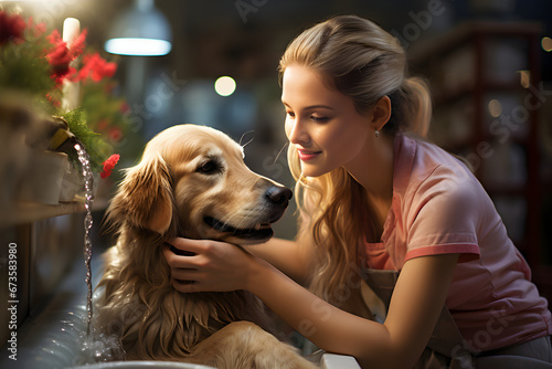 Female washing and cleaning her dog at home. Keeping your animals clean and healthy concept