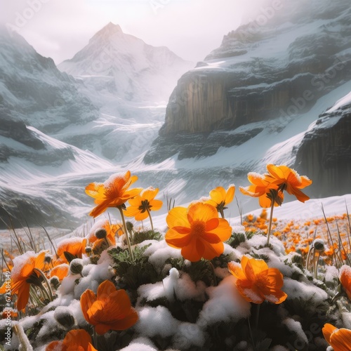 Orange and white flowers in a snowy mountain landscape