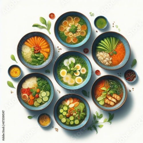 six bowls of soup arranged in a circle on a white background