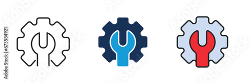 Wrench and cogwheel icon. Line, glyph and filled outline colorful version. Symbol, logo illustration. Different style icons set. Pixel perfect vector graphics.