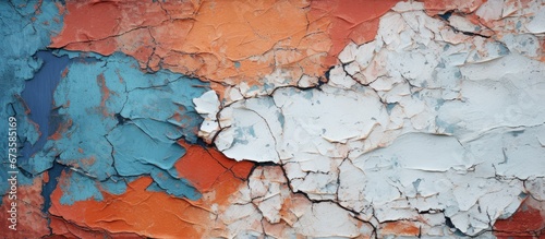 Horizontal photograph displaying an abstract close up of the texture of paint peeling showcasing vibrant colors