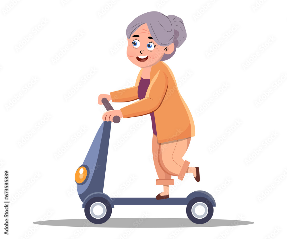 Cute elderly woman rides an electric scooter. .eps, Cute elderly woman rides an electric scooter.