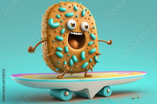 AI generated illustration of a doughnut balanced on a skateboard photo