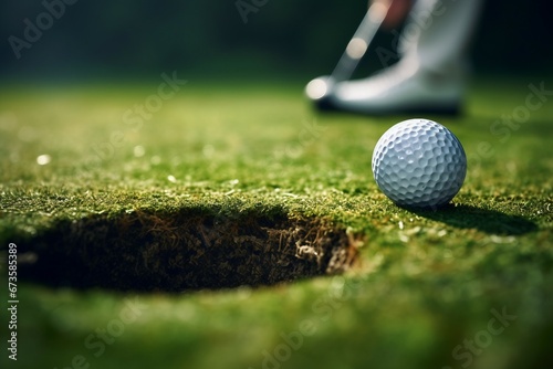 푸른 잔디 위에 골프채와 골프공 photo