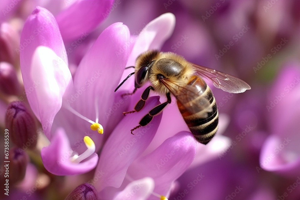 AI generated illustration of A macro shot of a bee perched atop a purple flower AI generated illustration of A macro shot of a bee perched atop a purple flower