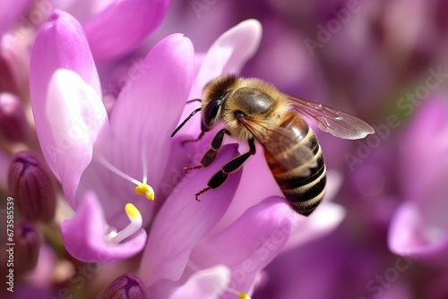 AI generated illustration of A macro shot of a bee perched atop a purple flower