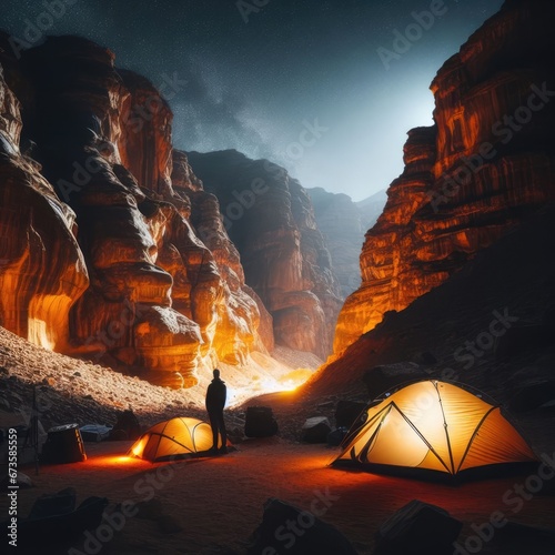 Two tents in a desert canyon at night with a person standing in front of one of the tents
