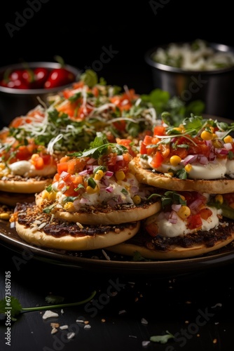 Platter of sopes, small corn cakes topped with savory ingredients, Generative AI