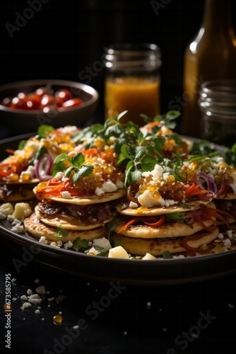 Platter of sopes  small corn cakes topped with savory ingredients  Generative AI