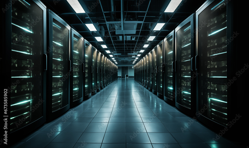 A long hallway with a row of servers in the center A long hallway with a row of servers in the center