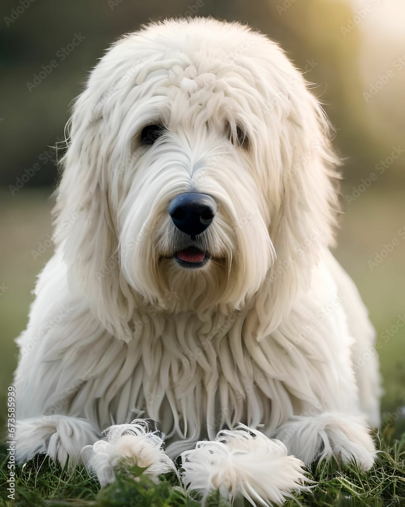 AI generated illustration of a Komondor sitting on the grass