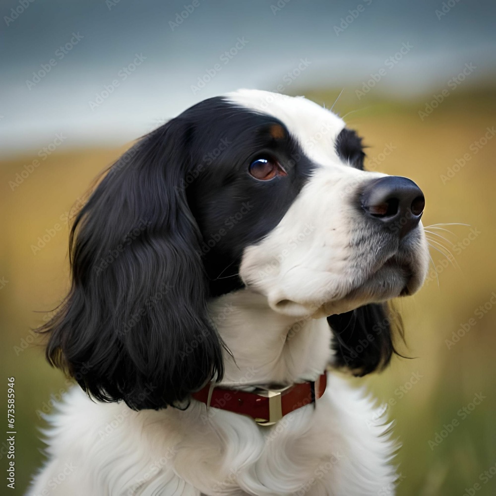 AI generated illustration of an English Cocker Spaniel standing in a field