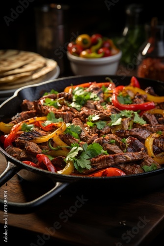 Sizzling skillet of fajitas straight from the kitchen  Generative AI