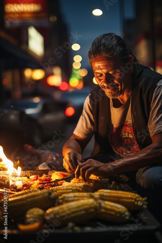 Street vendor grilling succulent Mexican corn on the cob  Generative AI