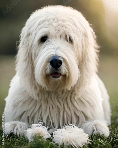 AI generated illustration of a Komondor sitting on the grass © Wirestock