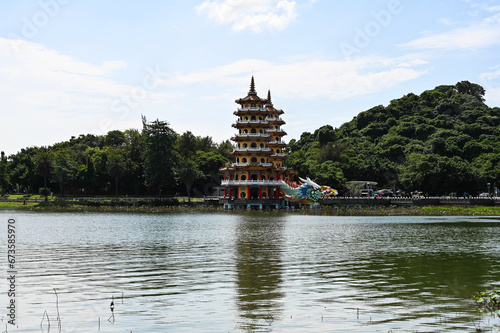 Kaohsiung  Taiwan - OCT 16  2021  .Dragon and Tiger Pagodas famous building in southern Taiwan.