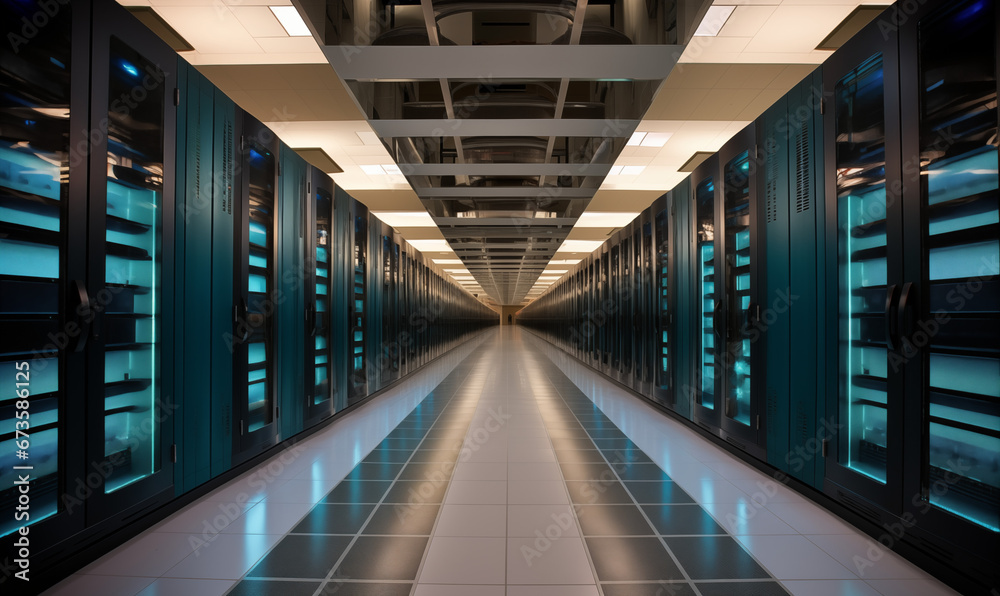 A long hallway with a row of servers in the center A long hallway with a row of servers in the center