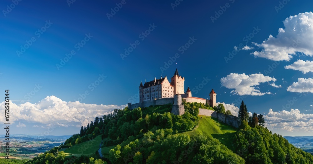 beautiful sky with cumulus clouds and a castle on a hill