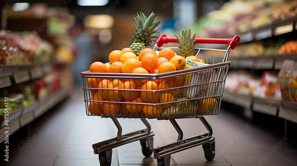 AI illustration of a shopping cart filled with fruits in a grocery store
