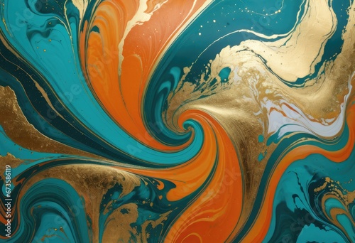 canvas where teal and orange paint have been swirled together on a luxurious marbling background, with gold powder adding a touch of sparkle.