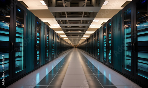A long hallway with a row of servers in the center