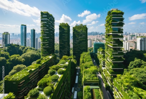 A city skyline where buildings are covered in lush greenery  embodying the concept of a vertical forest